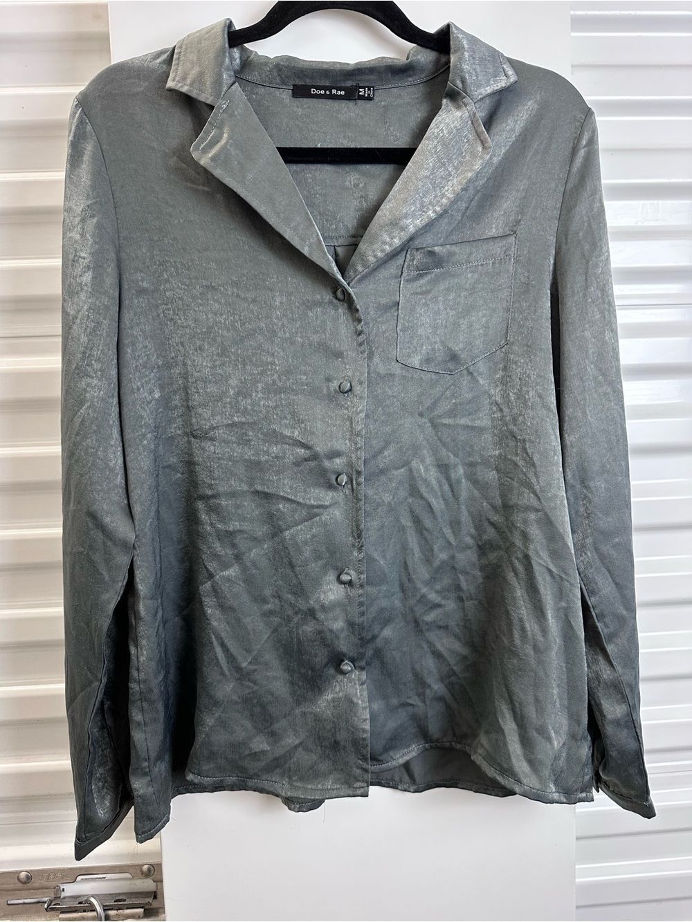 Doe & Rae Satin Button-Up Blouse in Steel Gray